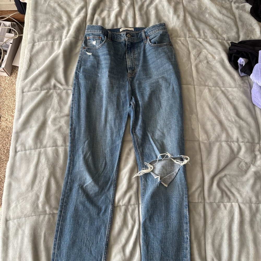 Abercrombie & Fitch Blue Straight Leg Distressed Jeans